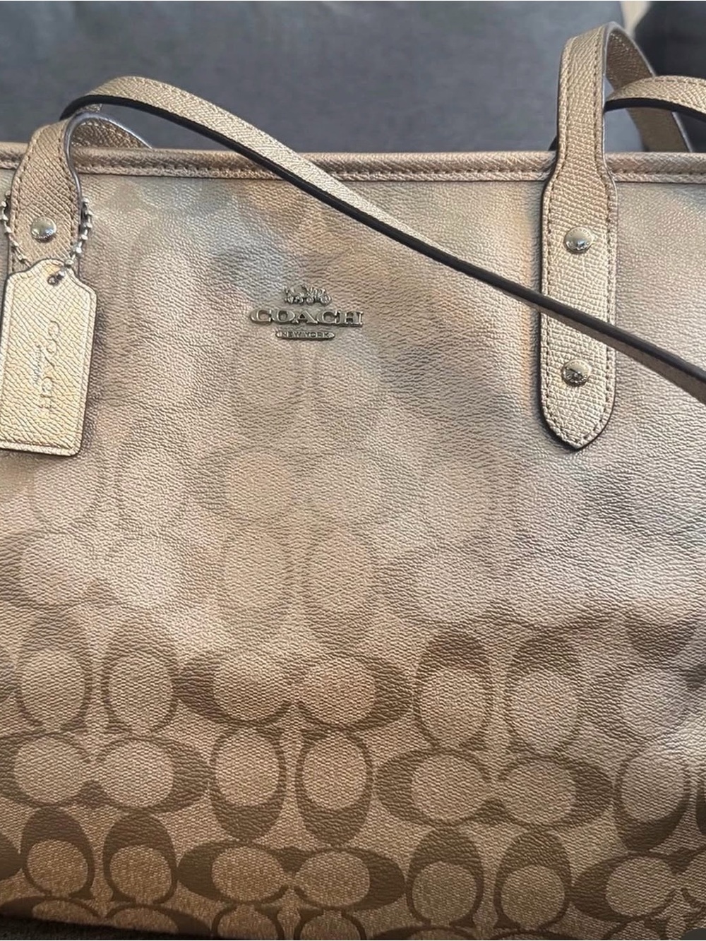 Coach Metallic Signature Shoulder Tote in Gold and Tan